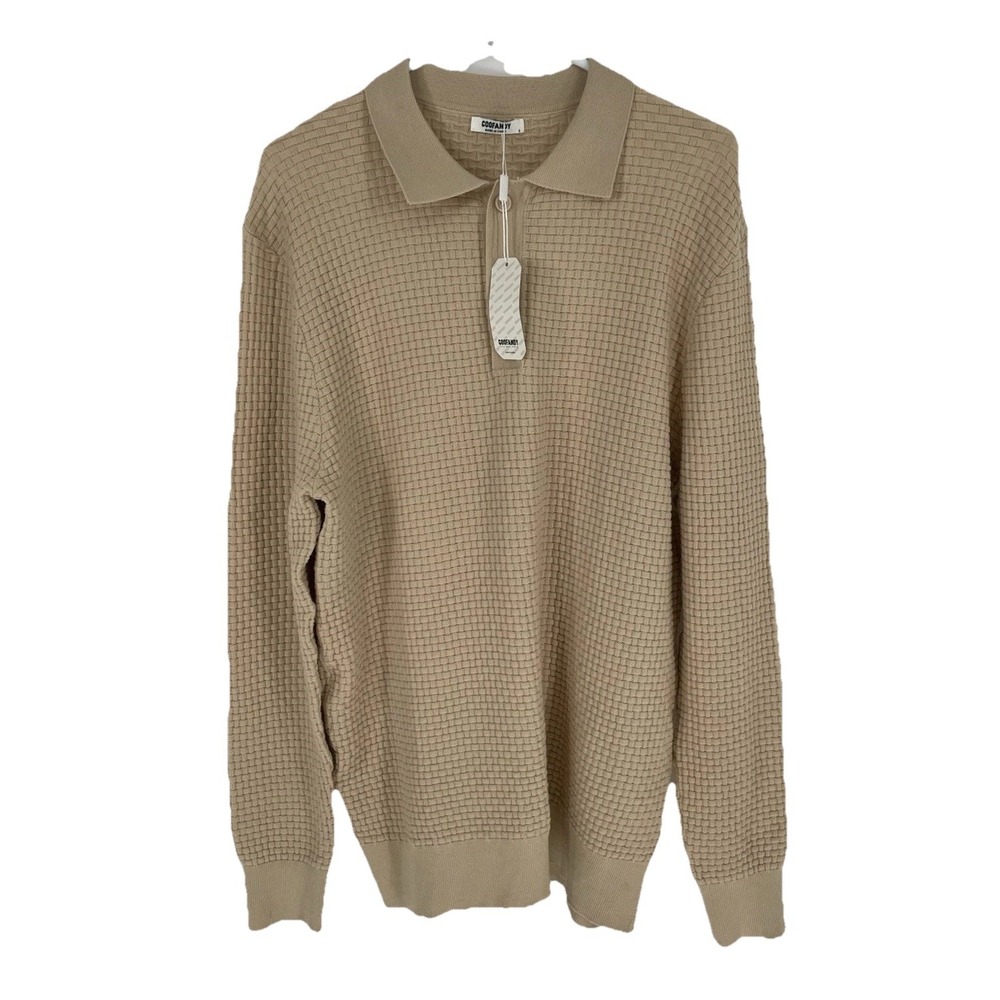 NWT COOFANDY Men's XL Beige Long Sleeve Knit Shirt Casual Three Button Shirt